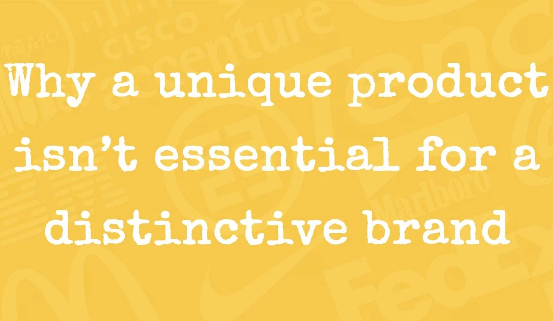 Text graphic reading “Why a unique product isn’t essential for a distinctive brand” on a yellow background with subtle fintech and technology-themed icons.