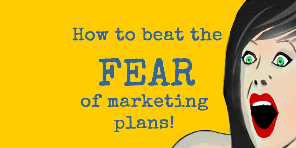 Illustration of a shocked woman with text reading “How to beat the FEAR of marketing plans!” on a yellow background.