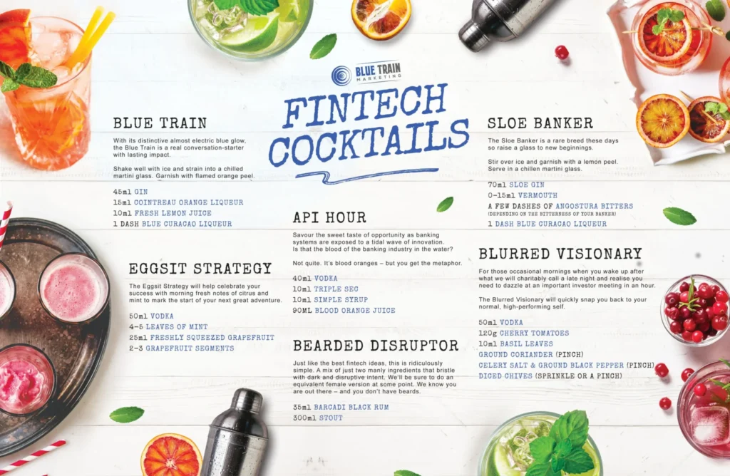 Flat lay image of cocktail ingredients and drinks surrounding text titled “Fintech Cocktails” with various themed recipes.