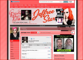 Early Myspace profile page of Jeffree Star featuring bold branding, music promotion, and social interaction elements.