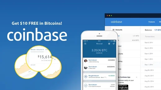 Coinbase promotional graphic offering free Bitcoin, featuring a mobile app interface and cryptocurrency price charts.