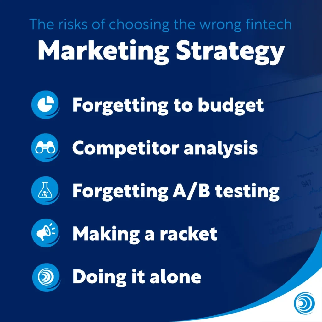 Graphic highlighting the risks of choosing the wrong fintech marketing strategy, including poor budgeting, lack of competitor analysis, and ineffective testing.