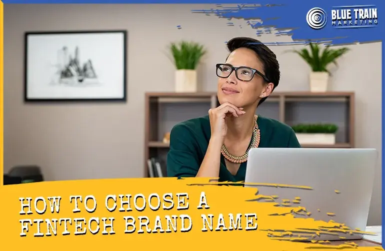 How to choose a fintech brand name graphic showing a professional thinking while working on a laptop in an office setting.