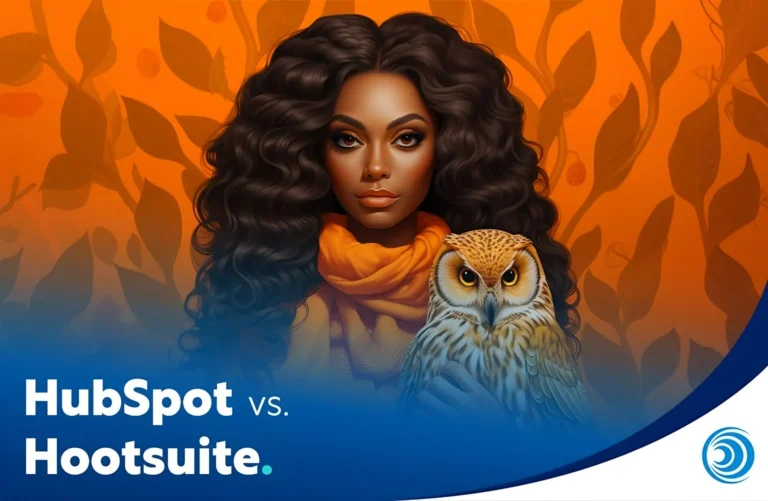 Illustration representing a comparison between HubSpot and Hootsuite, featuring a woman alongside an owl symbolising social media management.