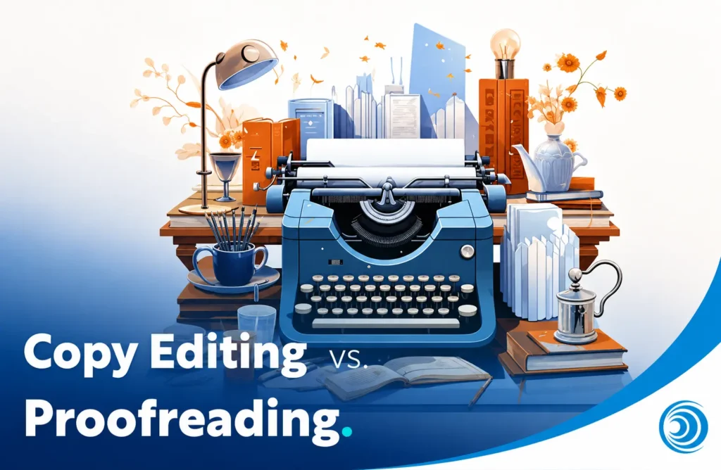 Illustration of a vintage typewriter and editing workspace representing the differences between copy editing and proofreading in the content creation and publishing process.