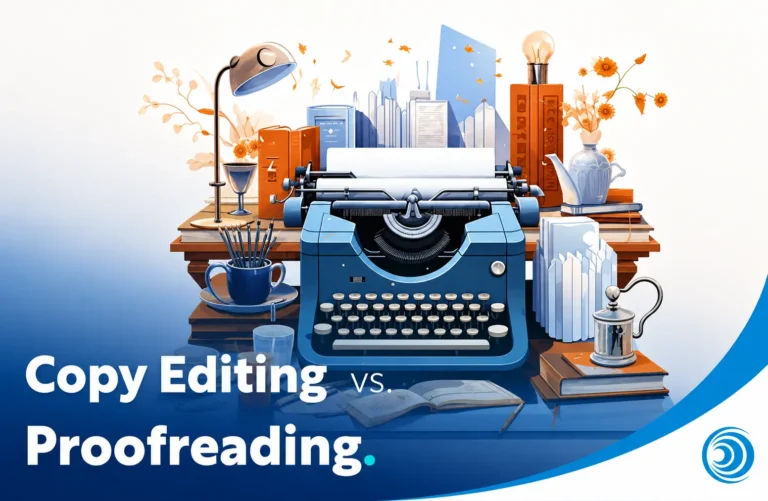 Illustration of a vintage typewriter and editing workspace representing the differences between copy editing and proofreading in the content creation and publishing process.
