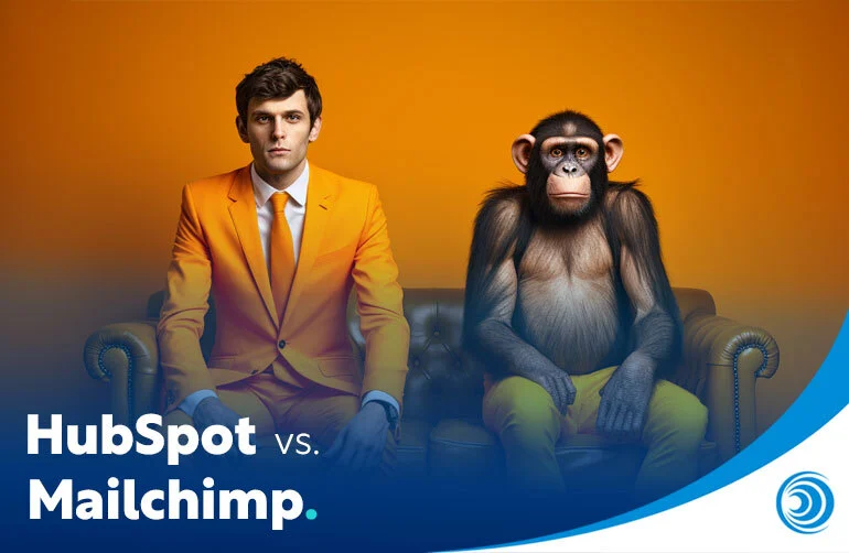 HubSpot vs Mailchimp graphic showing a man in an orange suit sitting next to a chimpanzee on a sofa, representing the comparison.