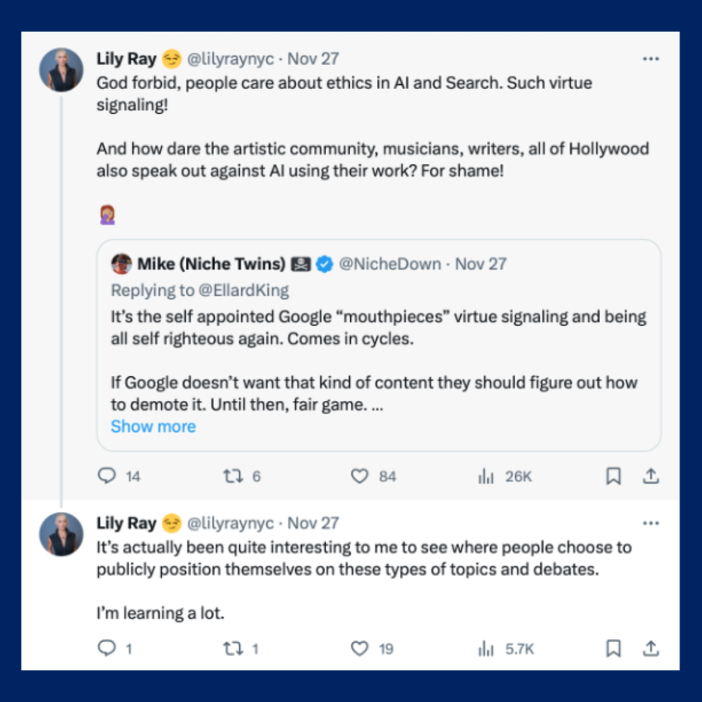 Social media discussion about AI content ethics and Google search policies highlighting debate around AI-generated content.