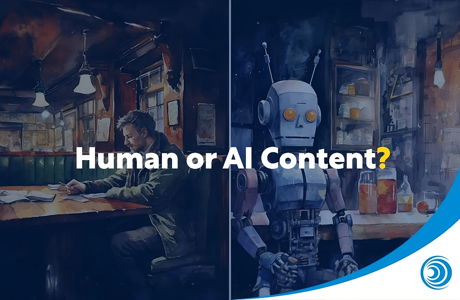 Human writer vs AI robot creating content representing the debate around AI in marketing and content creation.