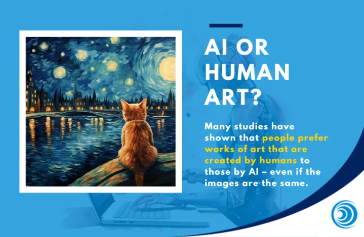 Comparison of AI-generated art and human-created artwork highlighting audience preference for human creativity over AI content.