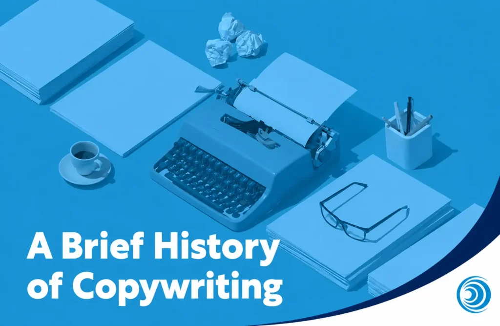 Vintage typewriter with paper on a writer's desk representing the history and evolution of copywriting from traditional print advertising to modern digital content marketing.