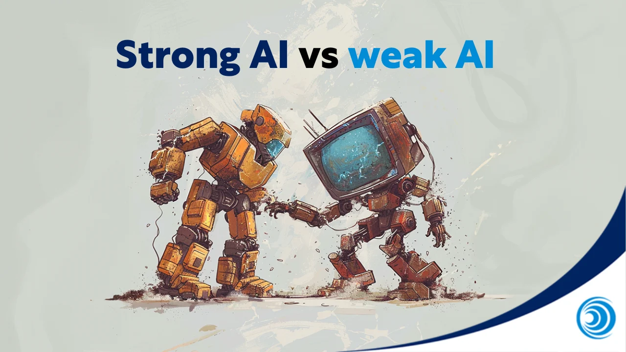 Illustration of two robots representing strong AI vs weak AI, one more advanced and humanoid, the other more basic with a screen-like head.