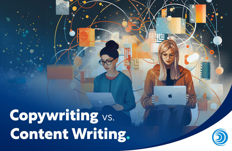 Copywriting vs content writing graphic showing two professionals working on laptops with digital and creative elements surrounding them.
