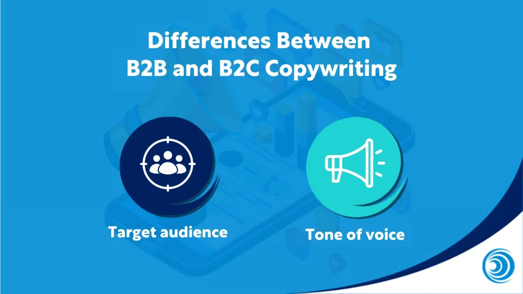 Graphic illustrating differences between B2B and B2C copywriting, highlighting target audience and tone of voice.