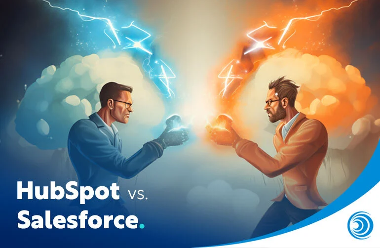 Illustration of two professionals facing off representing HubSpot vs Salesforce comparison between leading CRM platforms.