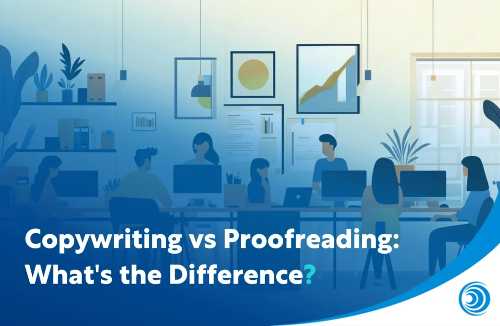 Illustration of a marketing team working in an office, representing the difference between copywriting and proofreading in content creation and editing.
