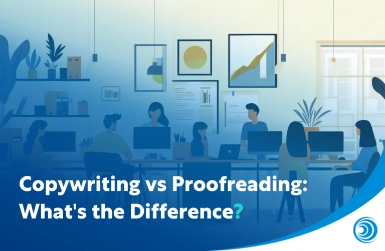 Illustration of a marketing team working in an office, representing the difference between copywriting and proofreading in content creation and editing.