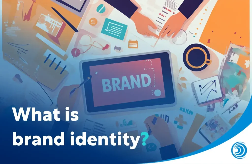 Illustration of a brand identity strategy workshop with branding materials, design assets, marketing documents and a digital screen displaying the word "Brand".