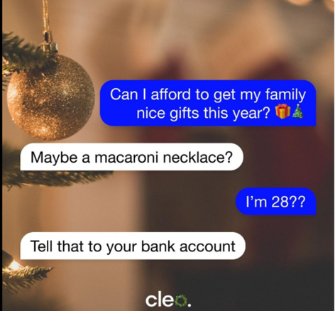 Festive image of a Christmas tree with chat messages joking about affording gifts and bank balance.