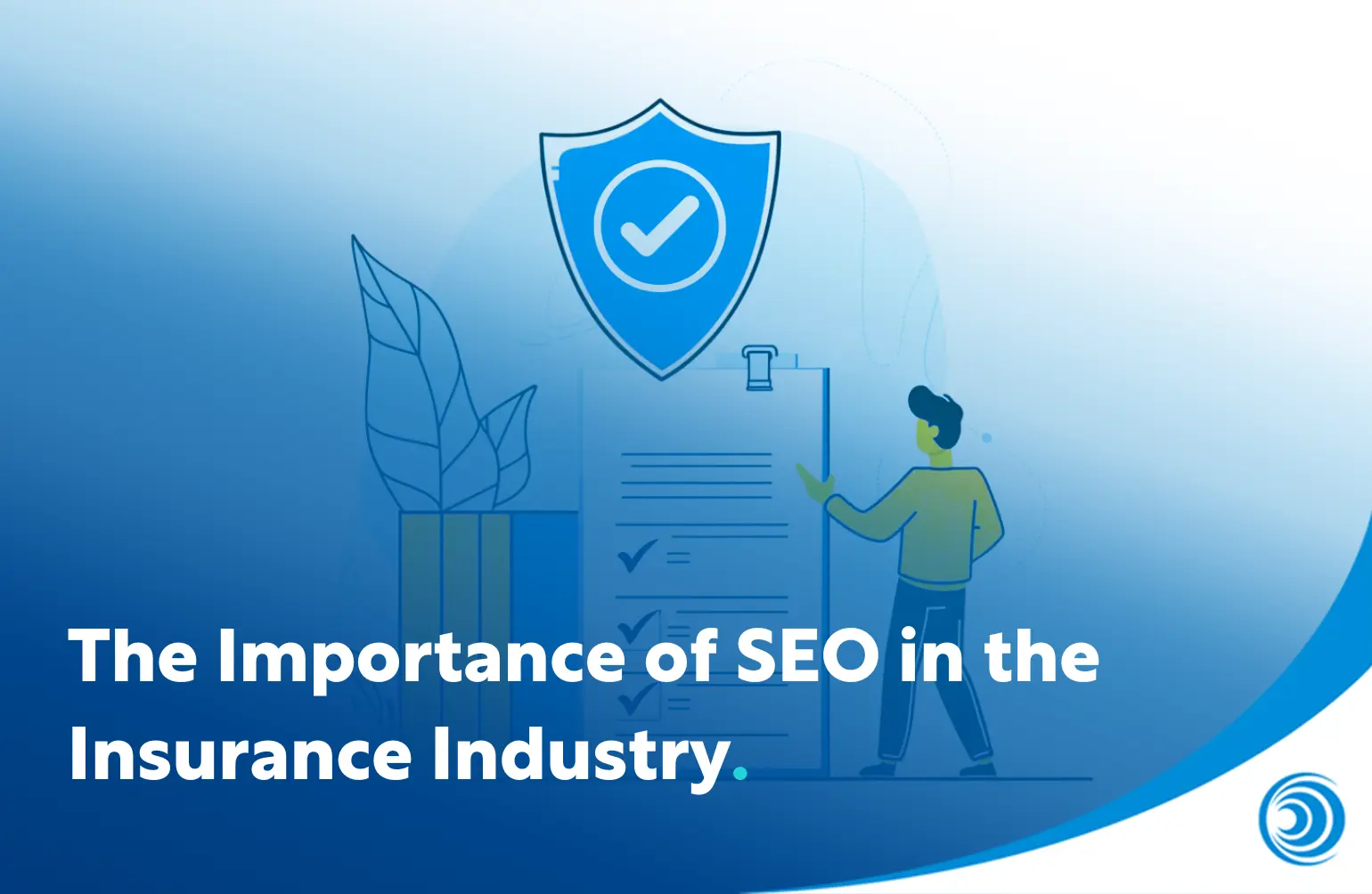 Illustration representing SEO in the insurance industry, showing an insurance policy with a security shield symbolising online visibility, trust and lead generation for insurance providers.