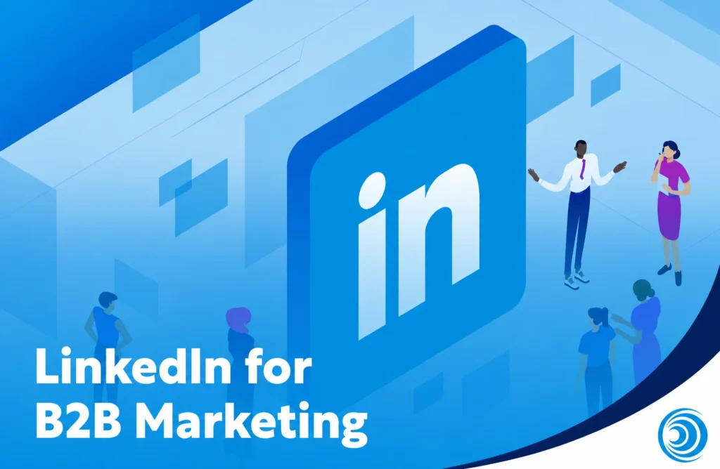 LinkedIn for B2B marketing illustration showing LinkedIn branding and professionals networking for business growth