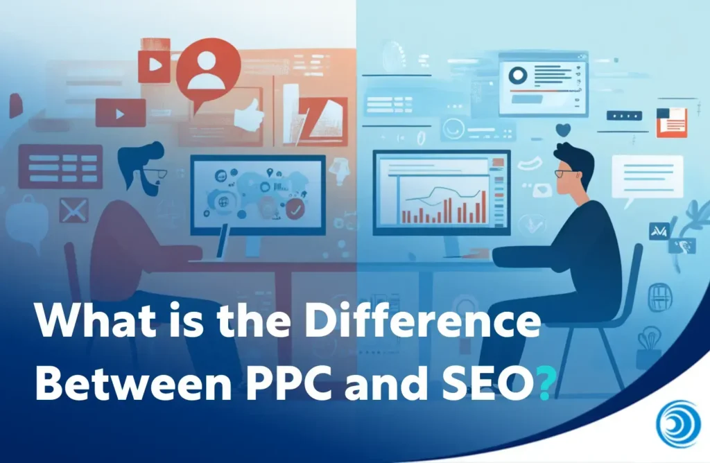 Split illustration showing two people working at computers, representing paid and organic digital marketing, with the title “What is the Difference Between PPC and SEO?”