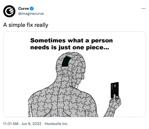 Tweet from Curve showing a person made of puzzle pieces holding a card, with one missing piece in their head.