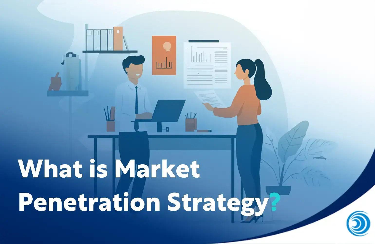 Illustration of two professionals discussing data and reports representing market penetration strategy and techniques for increasing market share.