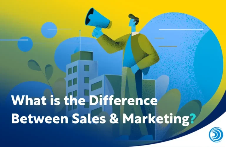 Illustration of a professional using a megaphone to represent marketing and communication, highlighting the difference between sales and marketing functions in business.