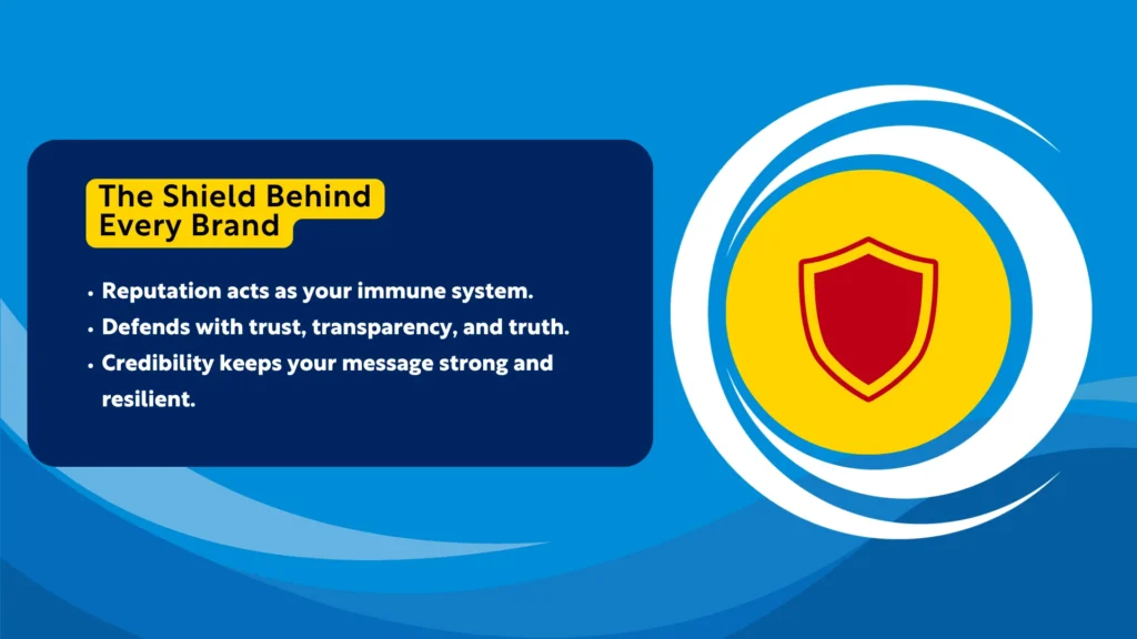 Brand reputation concept graphic featuring a shield icon with text about trust, transparency, and credibility in content marketing.