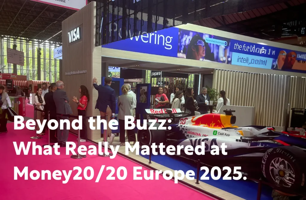 Money20/20 Europe 2025 fintech event floor with Visa stand and attendees networking at one of the leading payments and financial technology conferences.