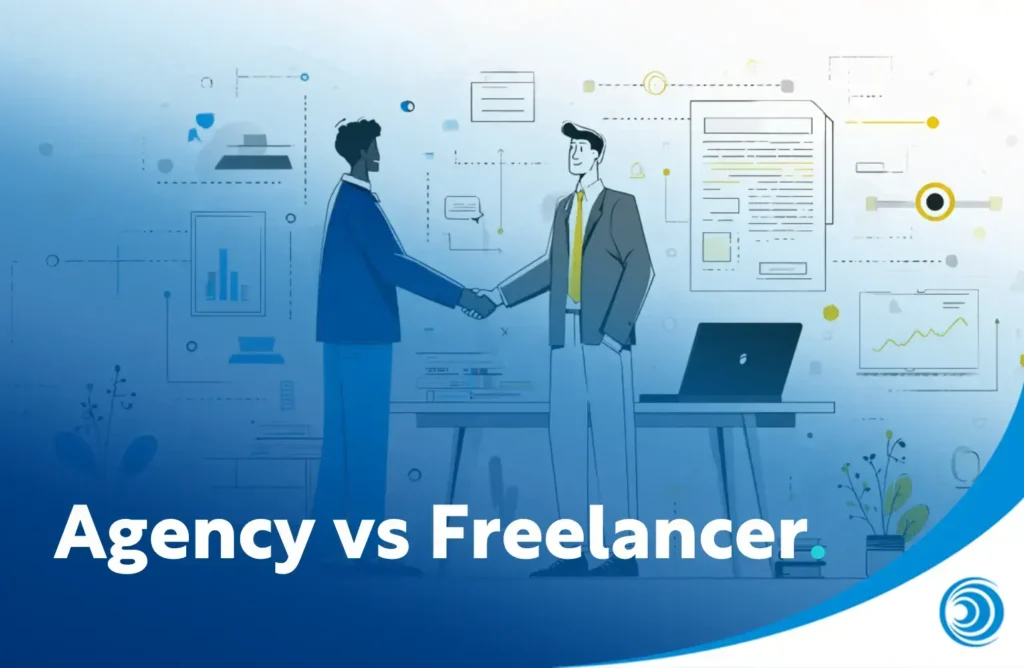 Illustration of two professionals shaking hands representing the comparison between hiring an agency vs a freelancer for business services.