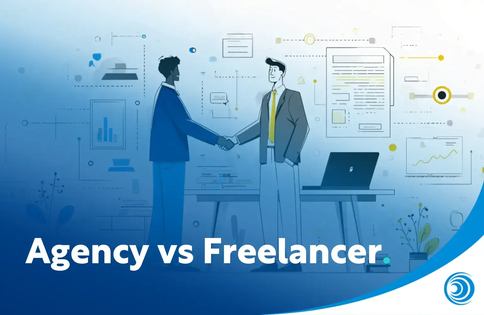 Illustration of two professionals shaking hands representing the comparison between hiring an agency vs a freelancer for business services.