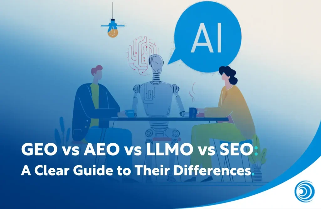 Illustration of people interacting with an AI robot representing the comparison between GEO, AEO, LLMO and SEO in modern search and AI-driven optimisation.