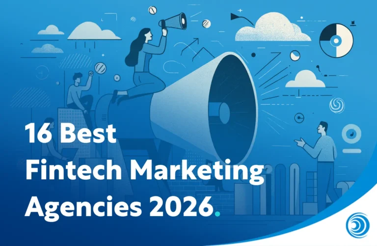 Illustration of fintech marketing agencies with megaphone, people promoting content, and digital marketing elements.