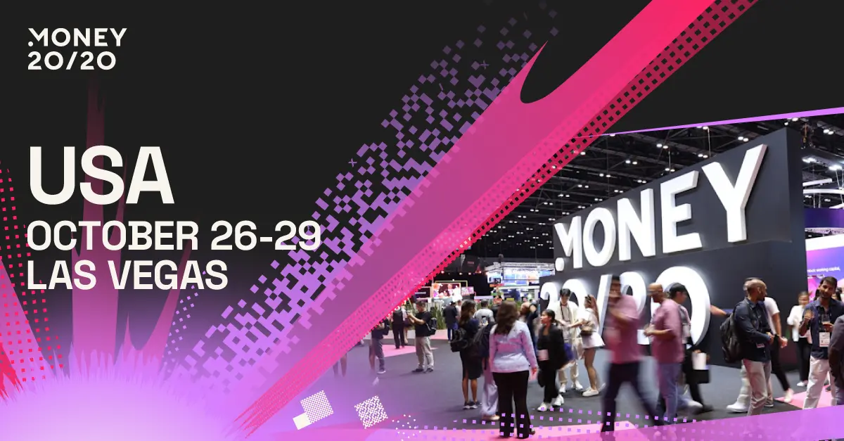 Money20/20 USA event banner showing Las Vegas dates and fintech conference exhibition floor.