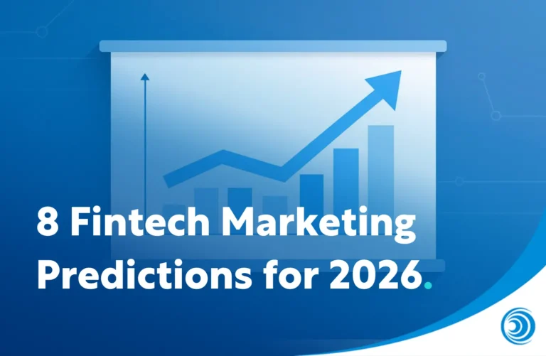 Illustration of fintech marketing growth trends with upward graph and data chart representing future predictions.