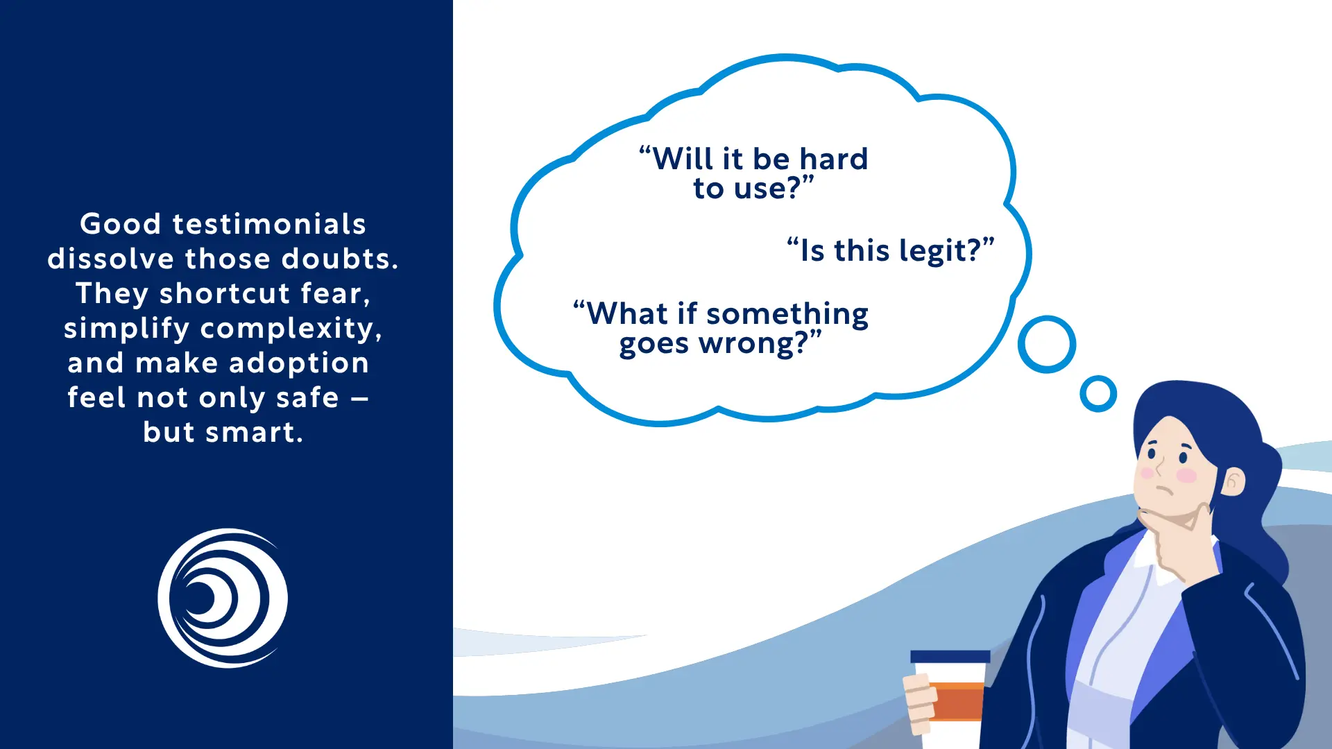 Illustration of user concerns about fintech products with thought bubbles and testimonial messaging addressing trust and usability.