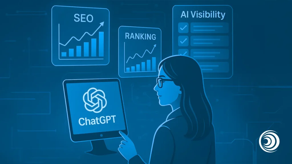 Illustration of AI search optimisation with ChatGPT, SEO ranking charts, and AI visibility dashboard.