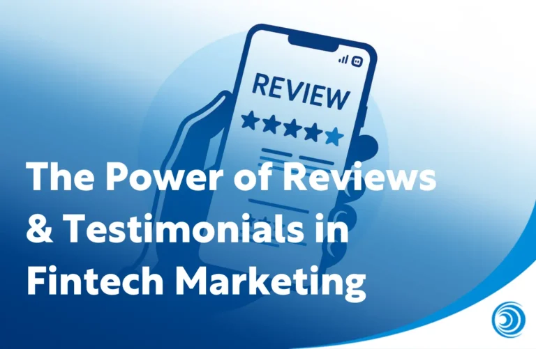 Illustration of customer reviews on mobile phone with star ratings for fintech marketing and social proof.