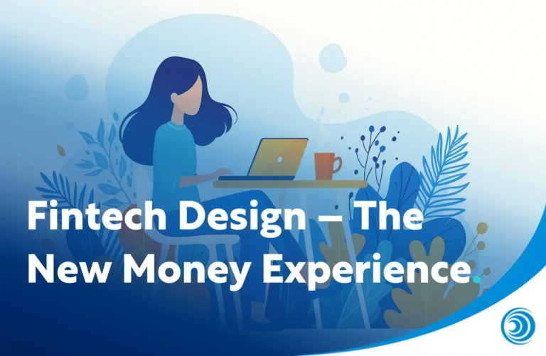 Illustration of a person using a laptop representing fintech design and modern digital banking user experience.