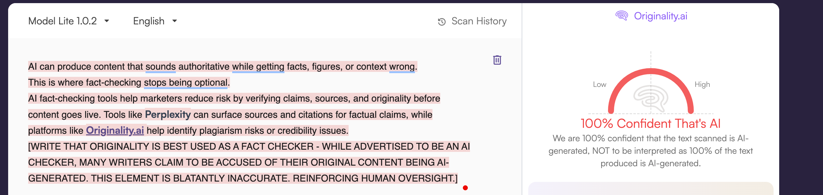 Screenshot of Originality.ai providing a '100% Confident That's AI' false positive.