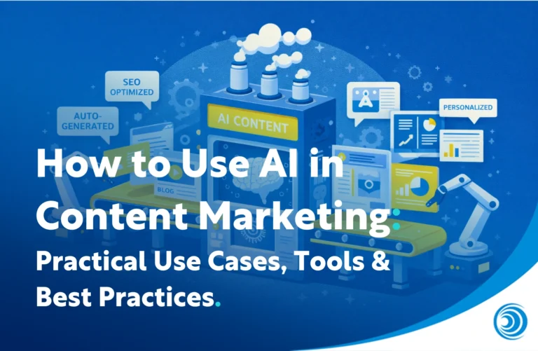 Illustration showing how to use AI in content marketing, including automated content creation, SEO optimisation, analytics dashboards, and personalised marketing tools.