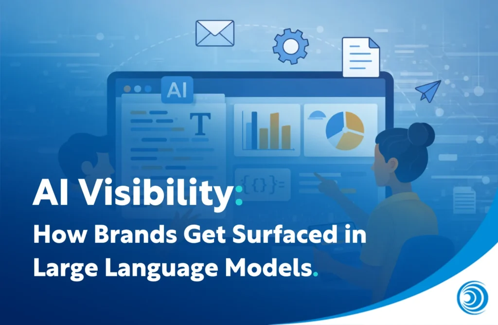 Illustration of AI visibility showing how brands are surfaced in large language models through SEO, GEO and AI optimisation strategies across generative AI platforms.