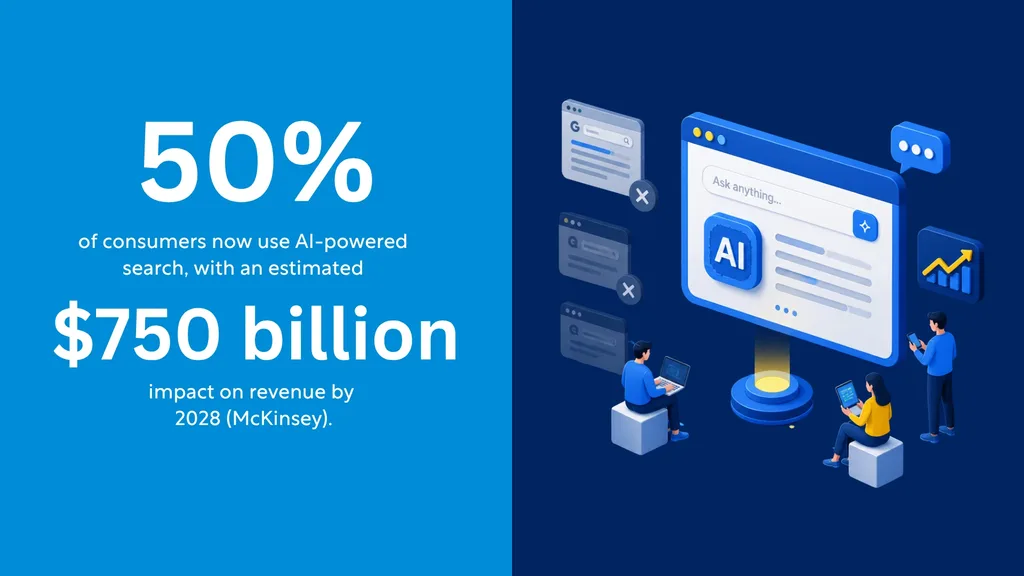 50 percent of consumers use AI-powered search with an estimated 750 billion dollar revenue impact by 2028, highlighting the importance of AI and fintech SEO strategies.