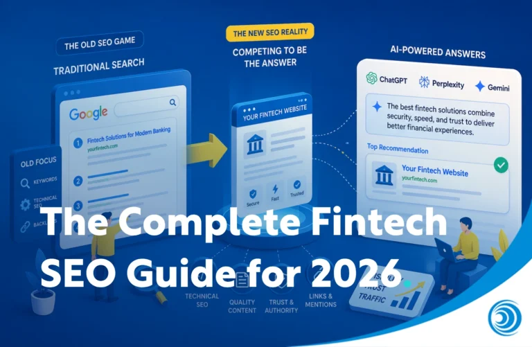 Illustration of fintech SEO concepts including stablecoins, crypto market trends, digital payments and global finance, representing a complete fintech SEO guide for 2026.