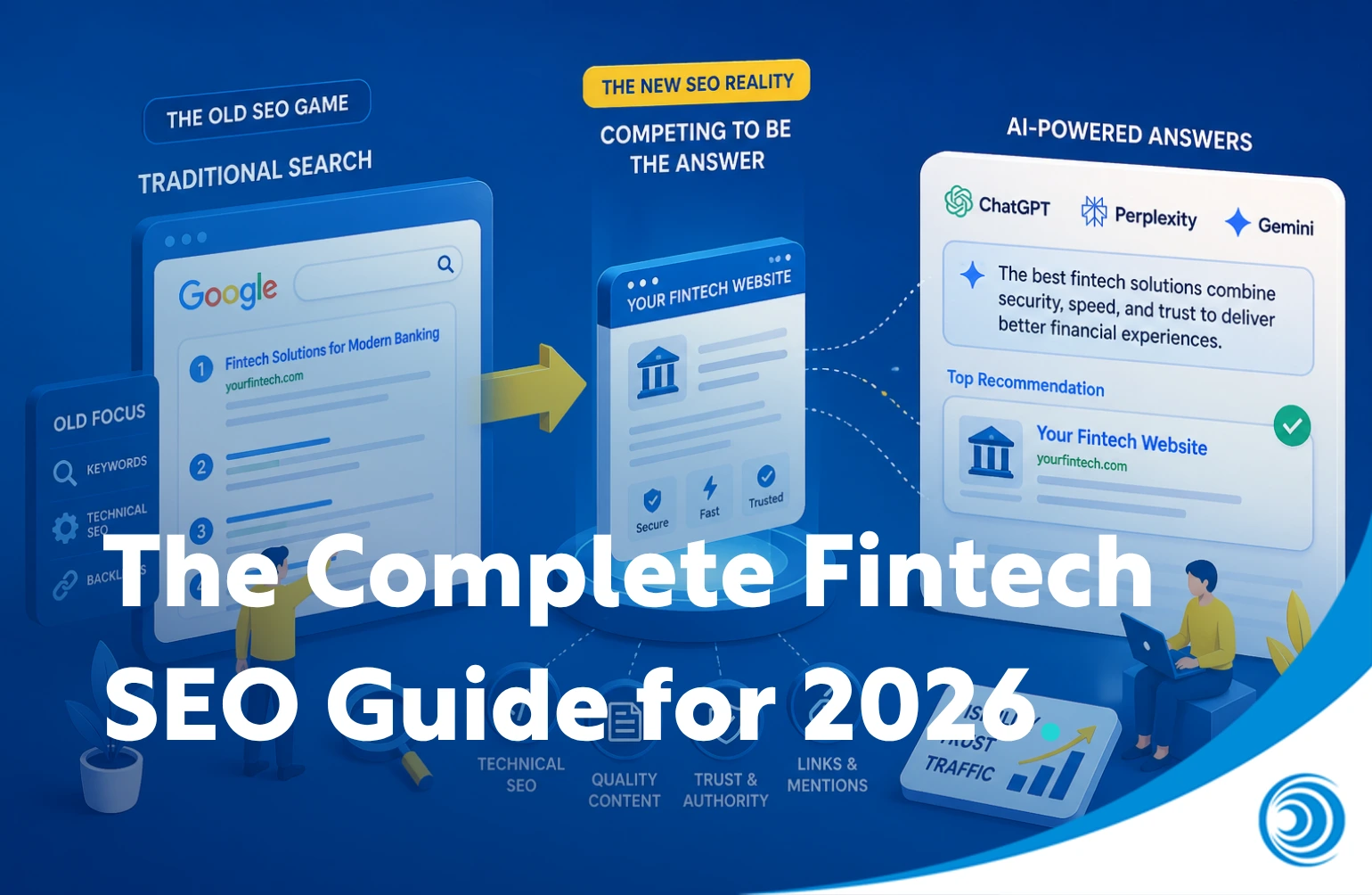 Illustration of fintech SEO concepts including stablecoins, crypto market trends, digital payments and global finance, representing a complete fintech SEO guide for 2026.