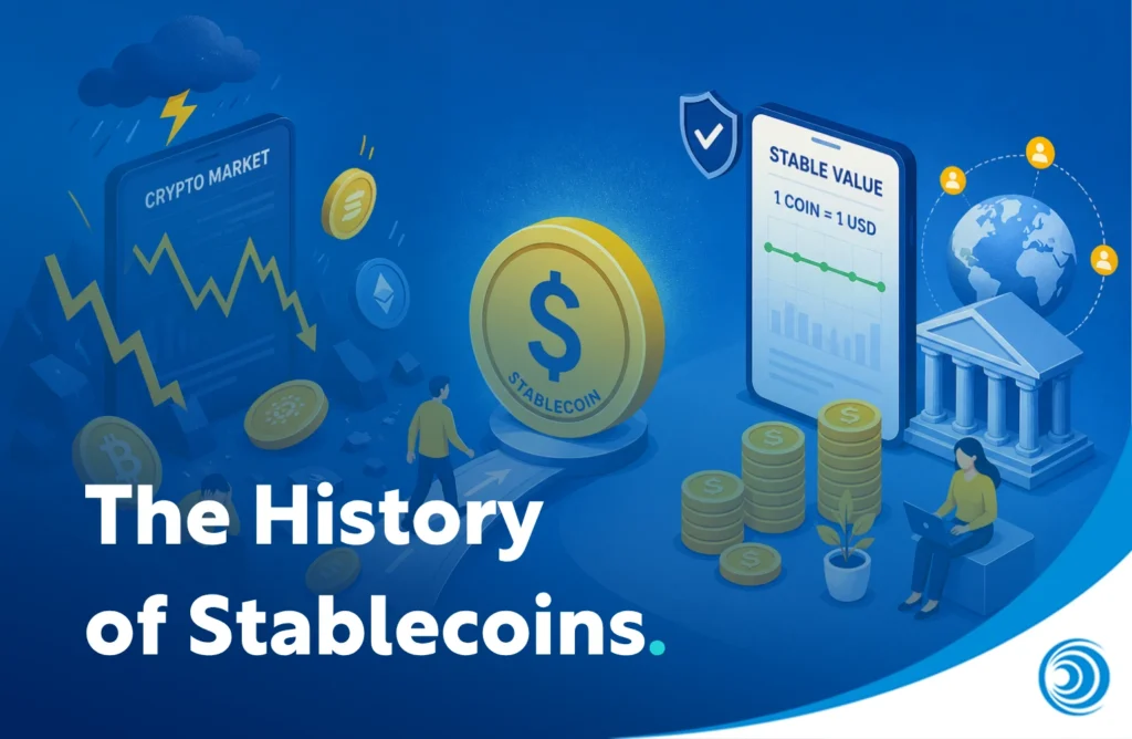 Illustration showing the evolution of stablecoins from volatile cryptocurrencies to price-stable digital assets backed by fiat currencies for secure digital payments.