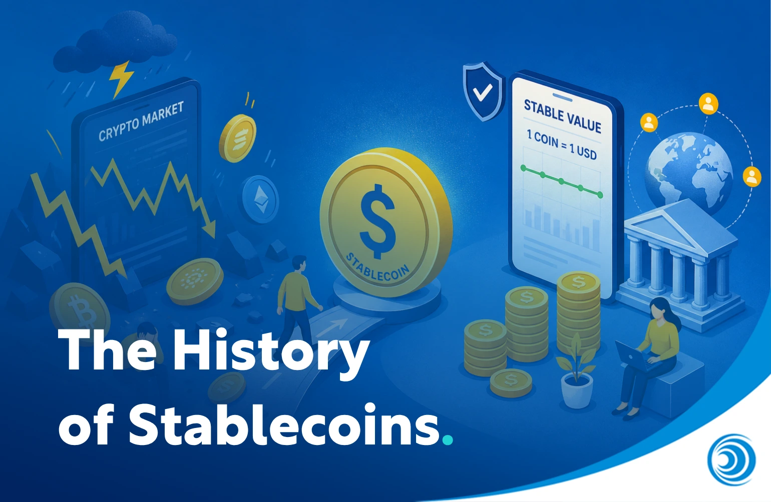 Illustration showing the evolution of stablecoins from volatile cryptocurrencies to price-stable digital assets backed by fiat currencies for secure digital payments.