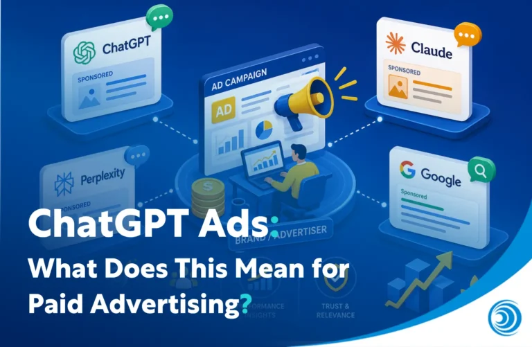 Illustration showing ChatGPT sponsored ads alongside Google, Claude, and Perplexity, highlighting the impact of AI-powered advertising platforms on paid advertising strategies.